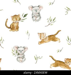 Nahtloses Muster mit grünen Eukalyptusblättern und süßem Tiger und Koala. Isolierte Illustration mit Aquarell auf weißem Hintergrund. Zeichentrickmotiv für Kinder Stockfoto