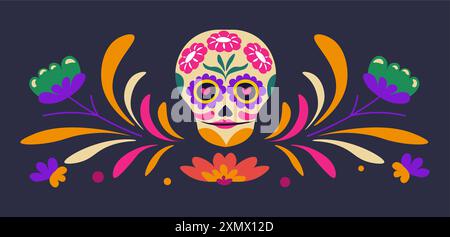 Totenkopf mit Blumenmuster und farbenfrohen Elementen Stock Vektor