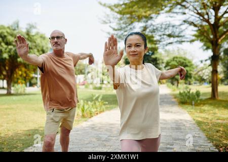 Mann und Frau üben Tai Chi in einem friedlichen Park, umgeben von Grün und Bäumen, die Wellness und Entspannung betonen Stockfoto