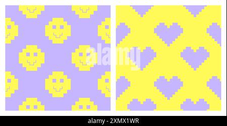 Pixel Y2K nahtloser Retro-Mustersatz. 90er Jahre trendige verspielte Kunst. Herzen, Smiley in Gelb- und Lavendelfarben. 8-Bit-Ästhetik Vektor-Illustration. Naive einfache geometrische Form. Lustige farbige Vektor-Illustration. Stock Vektor