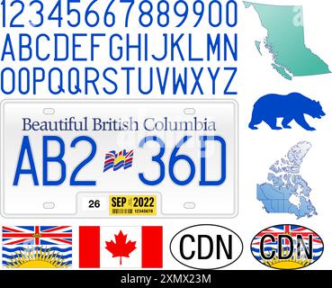 British Columbia Autokennzeichen Muster, Kanada, Buchstaben, Zahlen und Symbole, Vektorillustration Stock Vektor