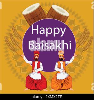 Vektor-Illustration von Baisakhi-Poster, punjabi-Männer, die Bhangra machen Stock Vektor
