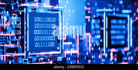 Hackerangriff. Computercode. Blockchain. Künstliche Intelligenz. Big Data. Datenblock. Cube mit Binärcode. Abstrakter technischer Hintergrund. Binär Stockfoto