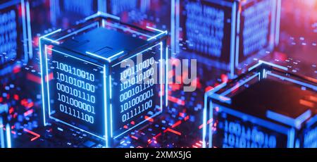 Datenblock. Blockchain. Künstliche Intelligenz. Big Data. Abstrakter technischer Hintergrund. Cube mit Binärcode. Hackerangriff. Computercode. Binär Stockfoto