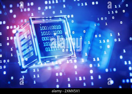 Cube mit binärem Code. Abstrakter technischer Hintergrund. Datenblock. Big Data. Binärcode. Hackerangriff. Computercode. Digitale Technologien. Blockchai Stockfoto