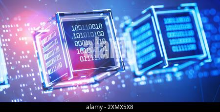 Blockchain. Künstliche Intelligenz. Abstrakter technischer Hintergrund. Datenblock. Big Data. Binärcode. Hackerangriff. Cube mit Binärcode. Computer Stockfoto