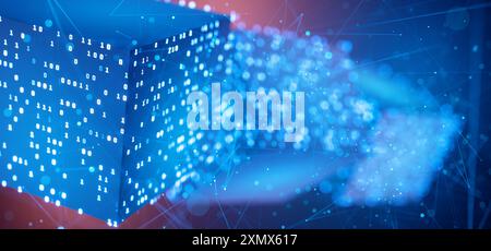 Abstrakter technischer Hintergrund. Big Data. Binärcode. Hackerangriff. Blockchain. Künstliche Intelligenz. Datenblock. Cube mit Binärcode. Computer Stockfoto
