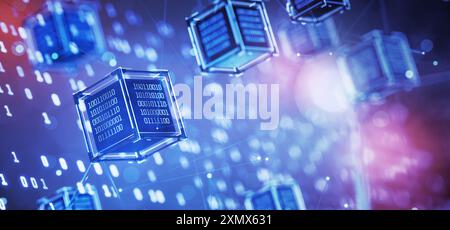 Digitale Technologien. Cube mit Binärcode. Blockchain. Künstliche Intelligenz. Abstrakter technischer Hintergrund. Computercode. Hackerangriff. datenblöcke Stockfoto