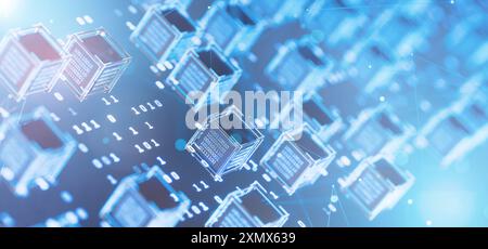 Blockchain. Künstliche Intelligenz. Abstrakter technischer Hintergrund. Computercode. Hackerangriff. Datenblock. Binärcode. Digitale Technologien. Cube Stockfoto