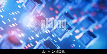 Künstliche Intelligenz. Abstrakter technischer Hintergrund. Computercode. Hackerangriff. Datenblock. Blockchain. Binärcode. Digitale Technologien. Cube Stockfoto