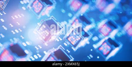 Künstliche Intelligenz. Cube mit Binärcode. Big Data. Abstrakter technischer Hintergrund. Computercode. Hackerangriff. Datenblock. Blockchain. Binär Stockfoto