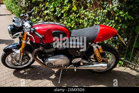 Rot-schwarzes Triumph Thruxton Motorrad auf einem gemauerten Pflaster mit grünem Laub im Hintergrund Calne Motorrad Meet 2024 Stockfoto