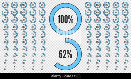 Satz von Symbolen für Infografik. Umfangreiche Sammlung von Benutzeroberflächen oder Infografiken für Unternehmen. Kreisdiagramme in Prozent von 0 bis 100. Schwarz und Stock Vektor
