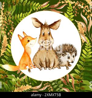 Niedliche wilde kleine Tiere im Wald mit Kräutern und Pflanzen, Aquarellskizze von Karikaturkindern von Wildschweinen, Rotfuchs und Igel mit Farn' Stockfoto