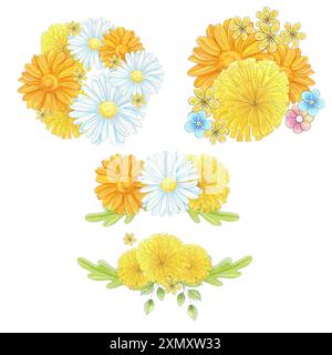 Aquarellset Frühlingskreiseimer von Primrosen. Löwenzahn, Kamille und Gänseblümchen. Romantische Grenze. Schöne Blumen für Einladung, Hochzeit Stockfoto