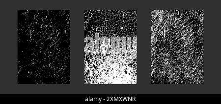 Set mit schäbigen, rauen Texturen. Abgenutzter, körniger Hintergrund. Raue Wirkung von Eis, Schnee für Winterdesign. Schwarz-weiß. Dreckig erodiert Vintage Stock Vektor