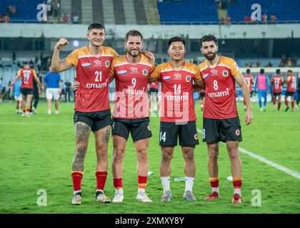 Kalkutta, Indien. 30. Juli 2024. Der Emami Ostbengalen-Fußballverein erzielt einen bequemen Sieg über den indischen Air Force-Fußballverein im 133. IndianOil Durand Cup (Gruppe A-Begegnung) um 3-1 Punkte im VYBK-Stadion. David Lalhlansanga, Dimitrios Diamantakos und Saul Crespo erzielten für EastBengal einen Treffer, während Somananda Singh für das Airforce-Team sorgte. (Foto: Amlan Biswas/Pacific Press/SIPA USA) Credit: SIPA USA/Alamy Live News Stockfoto