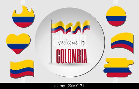 Set von kolumbianischen Flaggen und schwenkende kolumbianische Flagge im Vektor mit der Inschrift Willkommen in Kolumbien! Stock Vektor
