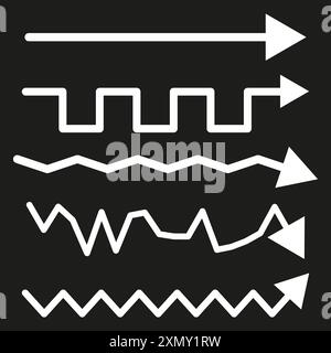 Weiße Pfeile gesetzt. Verschiedene Linienarten. Sammlung der Vektorpfeile. Schwarzer Hintergrund. Stock Vektor