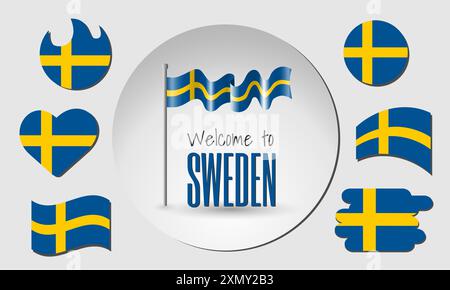 Set aus schwedischen Flaggen und schwebender schwedischer Flagge im Vektor mit der Aufschrift Willkommen in Schweden! Stock Vektor