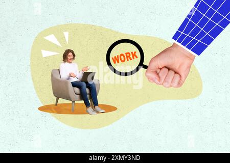 Kreative Fotocollage des jungen Fachstuhls mit Lupe auf der Suche nach einem neuen Job im Internet isoliert auf weißem Hintergrund Stockfoto