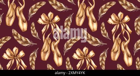 Braune Damen-Ballettschuhe mit Bändern, Schleife und Federn auf einer burgunderroten Hintergrundbild-Aquarellillustration. Pastellbeige spitzenschuhe, ein Attr Stockfoto