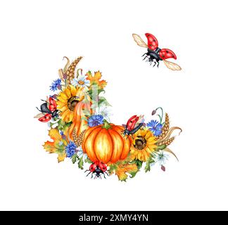 Kürbisse, Sonnenblumen, Gänseblümchen, Kornblumen, Weizen, Herbstblätter und Marienkäfer Kranz Aquarellillustration. Symbol für Thanksgiving oder Halloween. Autu Stockfoto