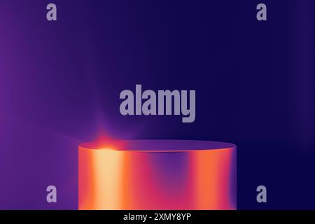 Ein lebendiger Sockel glänzt vor einem dunklen Hintergrund. Die leuchtende Plattform mit einem Farbverlauf von Orange zu Violett strahlt ein weiches, fesselndes Licht aus. 3D-Bild mit einem Gefühl von Eleganz und Geheimnis. Stockfoto
