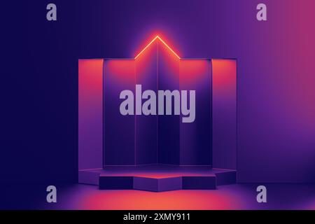 Ein lebendiger Sockel glänzt vor einem dunklen Hintergrund. Die leuchtende Plattform mit einem Farbverlauf von Orange zu Violett strahlt ein weiches, fesselndes Licht aus. 3D-Bild mit einem Gefühl von Eleganz und Geheimnis. Stockfoto