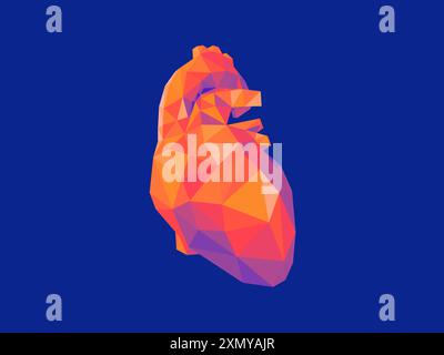 Ein lebendiges, flaches Herz vor einem durchgehend blauen Hintergrund. Das geometrische Design ist in hellen Orange- und Violetttönen gehalten. Dieses abstrakte Kunstwerk erinnert an Themen der Moderne und Emotionen Stockfoto
