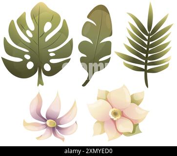 Tropische Blätter und Blumen Illustrationsset, grafische Monstera und Palmblätter Flora Clipart Stockfoto