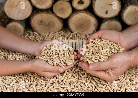 Kinder- und Mannhände halten Holzpellets vor einer Holzwand Stockfoto