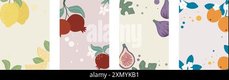 Satz vertikaler Obstflyer für Sommerdesign. Zitronen-, Granatapfel-, Orange- und Feigenschablonen. Kit Rahmen mit Früchten für Banner, Menü, Broschüre Stock Vektor