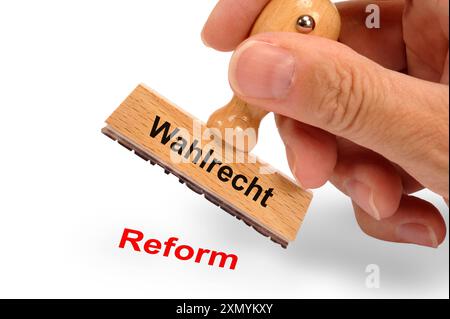 Wahlrechtsreform ein Holzstempel ist beschriftet mit dem Aufdruck: Wahlrecht und dem Abdruck: Reform *** Wahlrechtsreform Ein Holzstempel ist inscri Stockfoto