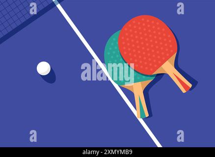 Ping-Pong-Poster, zwei Schläger und Ball für Tischtennis auf dem Tisch, Tischtenniswettbewerb, Blick von oben, Vektor Stock Vektor