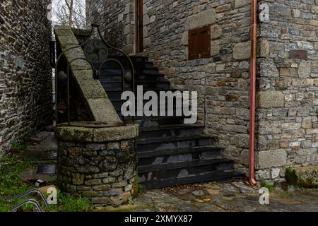 Rustikale Steintreppe mit alter Holztür und Efeu-bedeckten Wänden, herbstliche Umgebung mit gefallenen Blättern und Vintage-Brunnen. O Cebreiro, Spanien Stockfoto