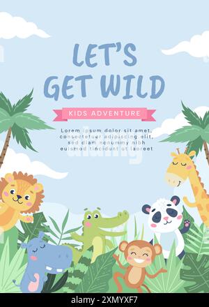 Kindertiere Hintergrund. Niedliche Tiere im Dschungel. Vektorabbildung in abgewickelter Form Stock Vektor
