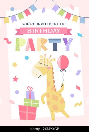 Geburtstagseinladung für Kinder. Süße Giraffe mit Geschenken und Ballon. Vorlage für Vektorabbildungen Stock Vektor