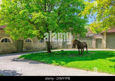 Ein extrem lebensechtes Weidenpferd-Pony im Stallhof von Stourhead Gardens, Wiltshire, England, Großbritannien Stockfoto