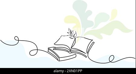 Geöffnetes Buch mit Eckrahmen für Verzweigung der Blätter. Durchgehende einzeilige Zeichnung Stock Vektor