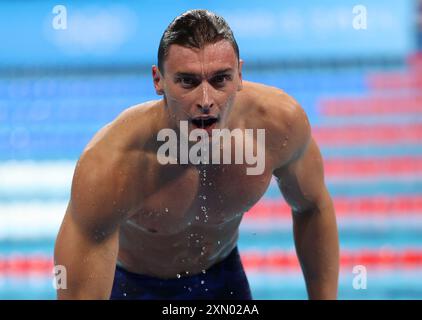 Paris, Frankreich. 30. Juli 2024. Maxime Grousset aus Frankreich reagiert auf die 100 m hohe Freistil-Hitze der Männer bei den Olympischen Spielen 2024 in Paris, Frankreich, 30. Juli 2024. Quelle: Luo Yuan/Xinhua/Alamy Live News Stockfoto