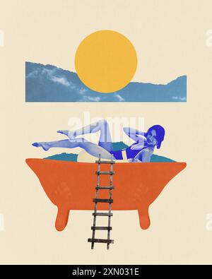 Zeitgenössische Kunstcollage. Frau, die in der Badewanne sitzt, mit Holzleiter, die vor beigefarbenem Hintergrund mit Berglandschaft hinauf führt. Stockfoto