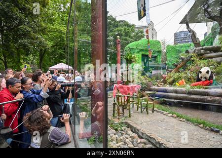 Moskau, Russland. 30. Juli 2024. Besucher machen Fotos von der Riesenpanda Dingding während ihrer Geburtstagsfeier im Moskauer Zoo in Moskau, der Hauptstadt Russlands, am 30. Juli 2024. Dingding genoss ihre Geburtstagsfeier am Dienstag in Russland. Sie wurde am 30. Juli 2017 auf der Shenshuping-Riesenpandabasis des chinesischen Wolong-Nationalparks geboren und kam im April 2019 von der chinesischen Provinz Sichuan mit einem weiteren Riesenpanda Ruyi in Moskau an. Quelle: Cao Yang/Xinhua/Alamy Live News Stockfoto