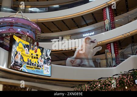 Shanghai, China. 30. Juli 2024. Ein niedliches Bild eines Hundes wird am 30. Juli 2024 im BFC Bund Financial Center im Bezirk Huangpu in Shanghai, China, als Teil einer Kunstinstallation ausgestellt. (Foto: Costfoto/NurPhoto) Credit: NurPhoto SRL/Alamy Live News Stockfoto