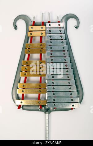 Bell Lyre, Bell Lyra, Marching Glockenspiel mit zwei verschiedenen Metallfarben für die Naturals und zufällige Noten. Hergestellt von Musser, USA Stockfoto
