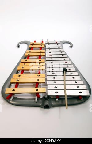 Bell Lyre, Bell Lyra, Marching Glockenspiel mit zwei verschiedenen Metallfarben für die Naturals und zufällige Noten. Hergestellt von Musser, USA Stockfoto
