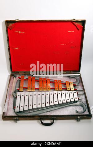 Bell Lyre, Bell Lyra, Marching Glockenspiel mit zwei verschiedenen Metallfarben für die Naturals und zufällige Noten. Hergestellt von Musser, USA Stockfoto