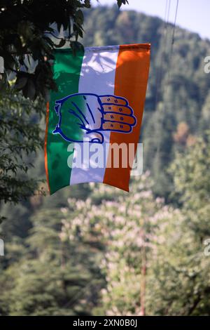 Indische Flagge mit einem Bild einer Hand. Wahlen in Indien. Republik Indien Stockfoto