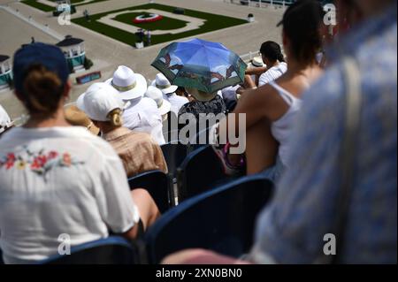 Paris, Fra. 30. Juli 2024. Eine Frau (c) hält einen Regenschirm mit dem Thema „Pferd“ während der Dressurpferdewettkämpfe bei den Olympischen Sommerspielen 2024 in Paris am 30. Juli 2024 in Versailles, Frankreich. (Foto: Anthony Behar/SIPA USA) Credit: SIPA USA/Alamy Live News Stockfoto