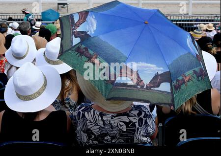 Paris, Fra. 30. Juli 2024. Eine Frau (c) hält einen Regenschirm mit dem Thema „Pferd“ während der Dressurpferdewettkämpfe bei den Olympischen Sommerspielen 2024 in Paris am 30. Juli 2024 in Versailles, Frankreich. (Foto: Anthony Behar/SIPA USA) Credit: SIPA USA/Alamy Live News Stockfoto